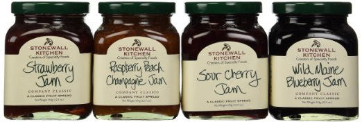 Stonewall Kitchen Favorite 4 Piece Jam Collection Includes Raspberry Peach Champagne Jam, Strawberry Jam, Wild Maine Blueberry Jam and Sour Cherry Jam - RudiGourmand