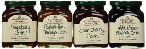 Stonewall Kitchen Favorite 4 Piece Jam Collection Includes Raspberry Peach Champagne Jam, Strawberry Jam, Wild Maine Blueberry Jam and Sour Cherry Jam - RudiGourmand